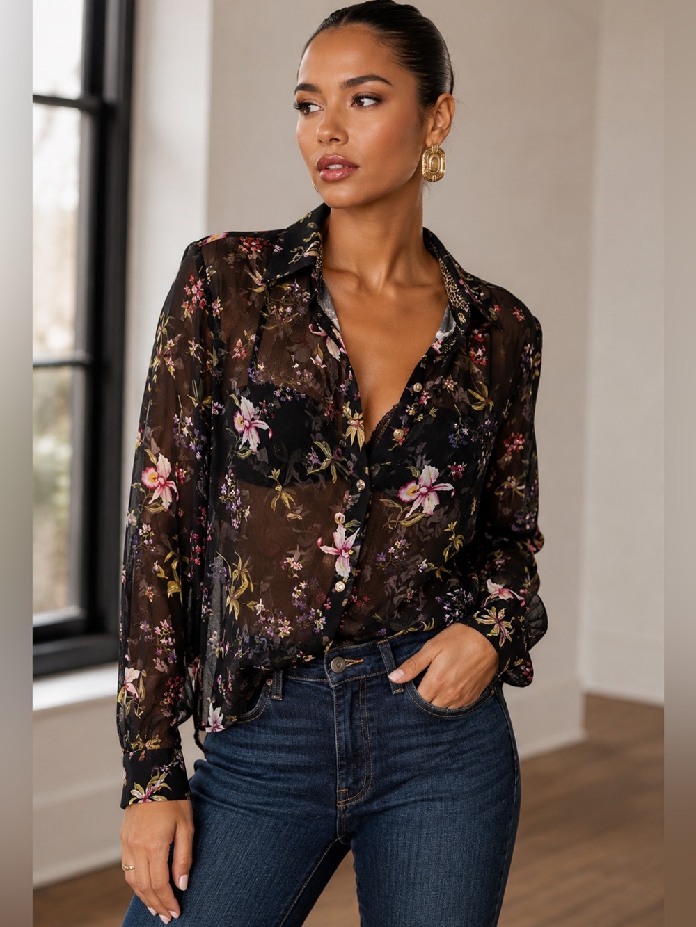 Floral Sheer Button-Up Blouse - Black/Pink -